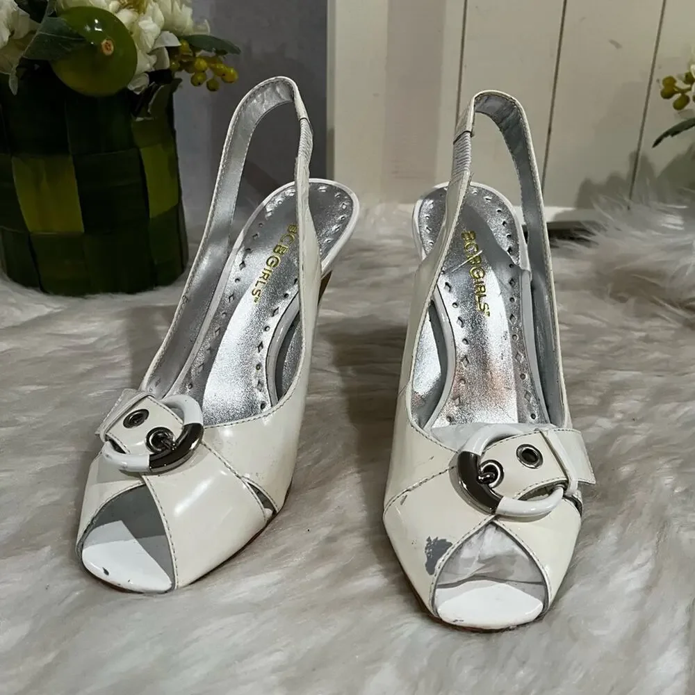 NEW BCBG Girls Patent Leather Buckle Peep Toe Slingback Heels White 36 6 AS IS